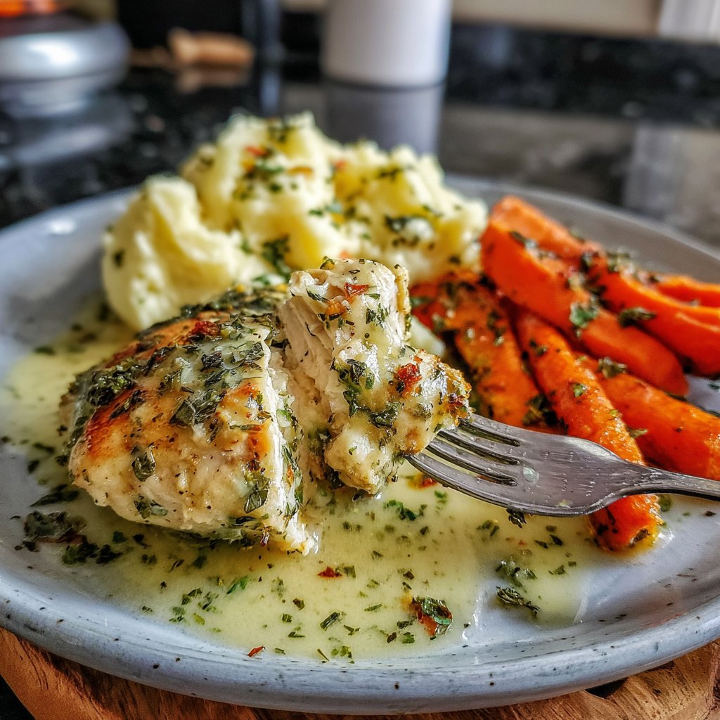 Cremiges Kräuterhähnchen mit Kartoffelpüree und gerösteten Karotten