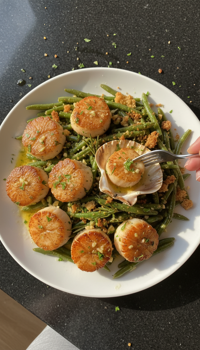 Pfannen Jakobsmuscheln mit Bohnen