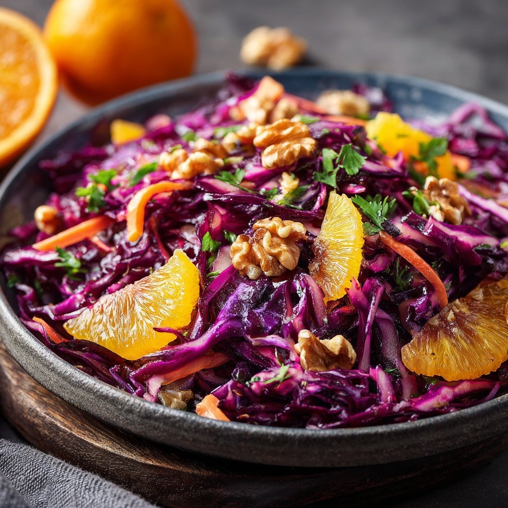 Rotkohl-Orangen-Salat mit Walnüssen als weihnachtliche Beilage